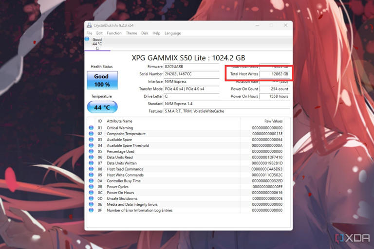 A screenshot showing the highlighted Total Host Writes info of an SSD on CrystalDiskInfo utility.