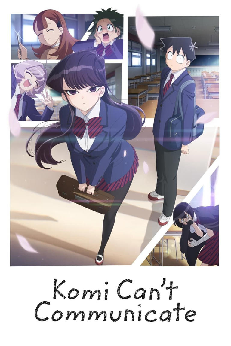 Komi smiling in front of panels featuring her school friends on the cover of the Komi Can't Communicate Anime Poster