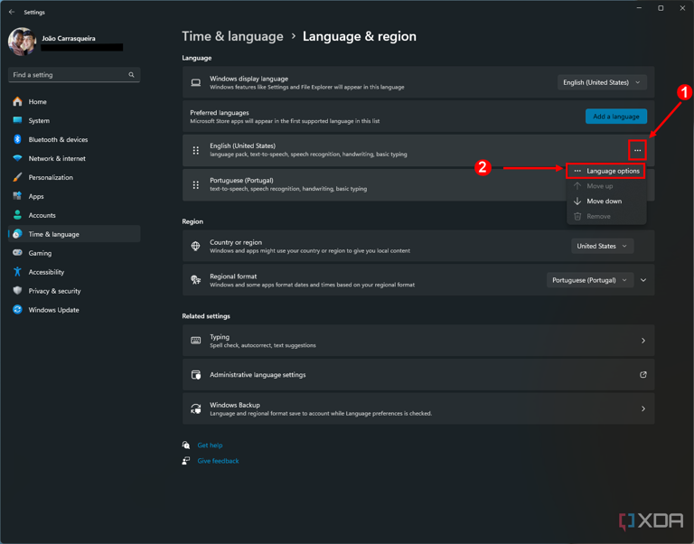 Screenshot of Windows 11 language settings with the language options menu highlighted