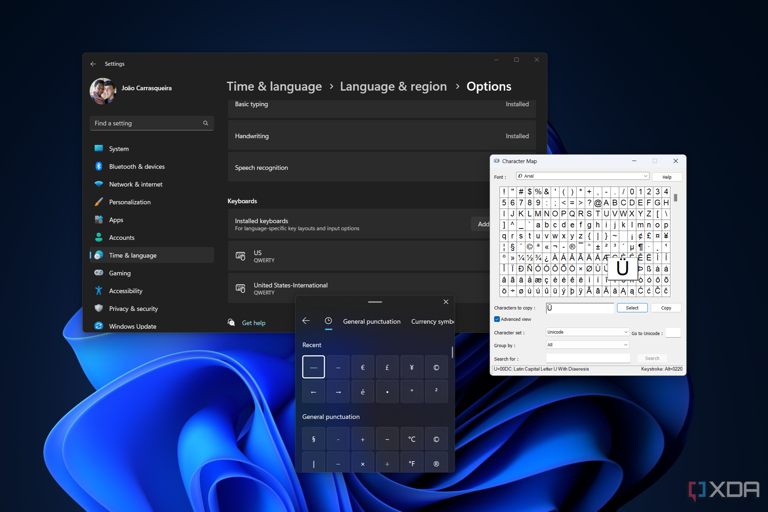 Screenshot of Windows 11 with the symbols panel, Character Map, and keyboard settings open