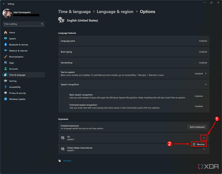 Screenshot of Windows 11 Settings with the option to remove a keyboard