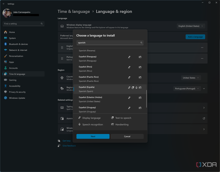 Screenshot of Windows 11 Settings with a list of languages available to install