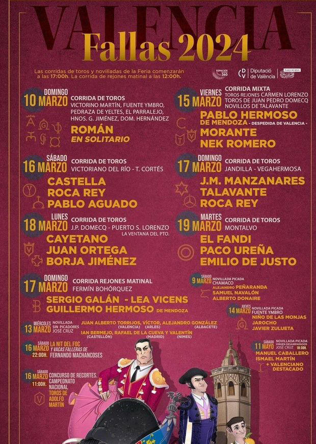 Cartel completo de la feria de toros de las Fallas 2024 del 14 al 19