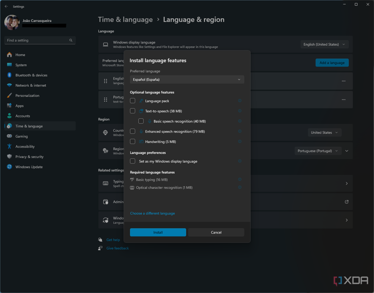 Screenshot of Windows 11 Settings with options for installing a language