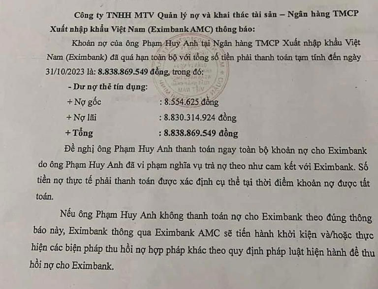 Thông báo thu hồi nợ thẻ tín dụng của Eximbank với nợ gốc 8,5 triệu đồng, nợ lãi 8,84 tỷ đồng phát sinh đến 31/10/2023. Ảnh: Nhân vật cung cấp