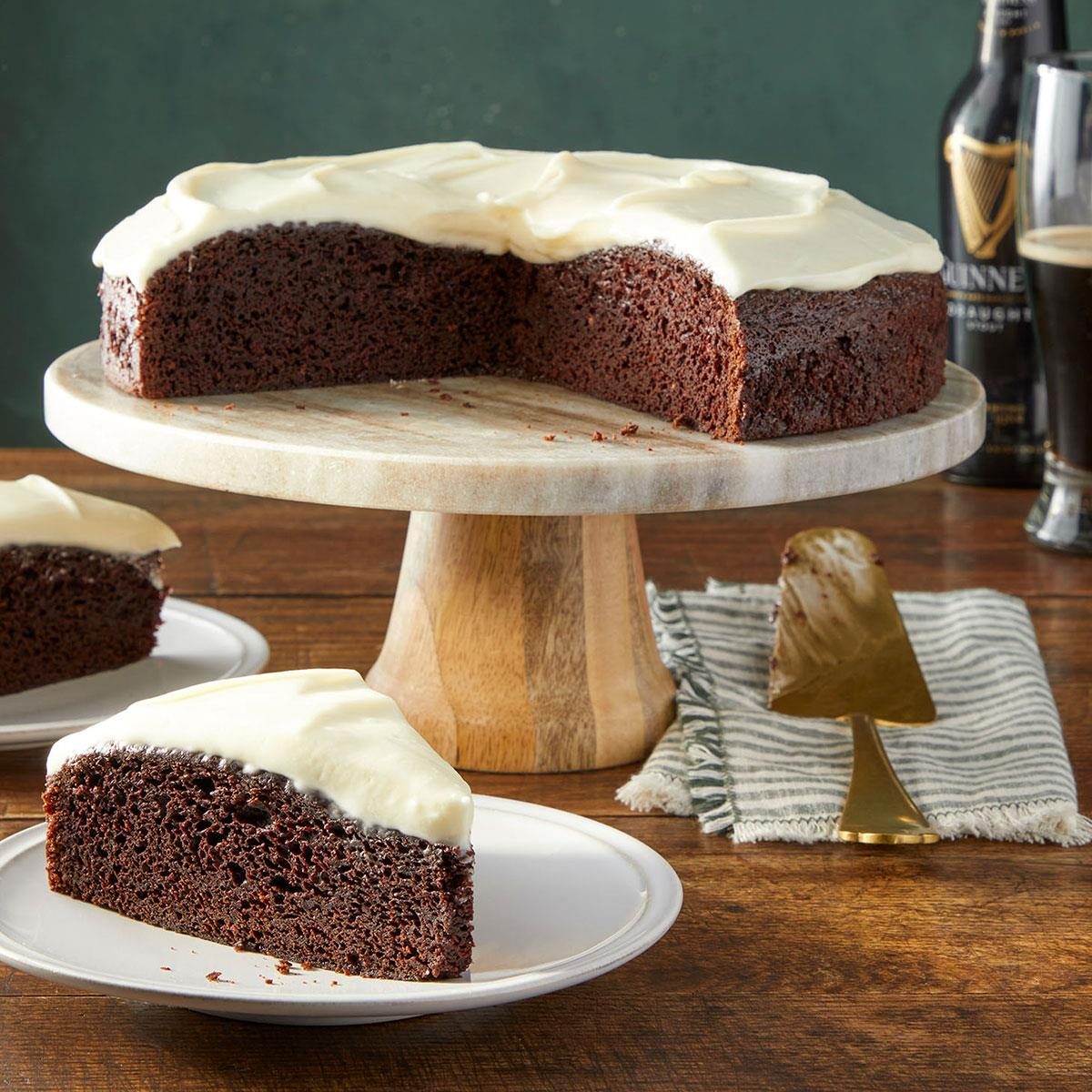 <p>One bite and everyone will propose a toast to this silky-smooth chocolate Guinness cake. The cream cheese frosting reminds me of the foamy head on a perfectly poured pint. —Marjorie Hennig, Seymour, Indiana</p> <div class="listicle-page__buttons"> <div class="listicle-page__cta-button"><a href='https://www.tasteofhome.com/recipes/chocolate-guinness-cake/'>Go to Recipe</a></div> </div>