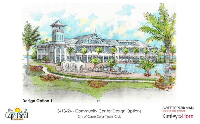 Design option one for the new Cape Coral Community Center at the Yacht Club, presented at the March 13 committee of the whole meeting, shows a “Key West” inspired design.
