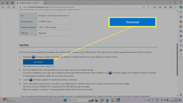 The PS5 Firmware Updater page with the Download dialog box highlighted.