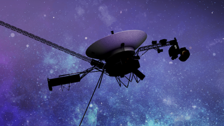 An illustration shows Voyager 1 in interstellar space.