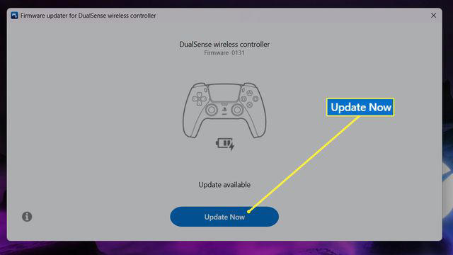 PS5 Firmware Updater app with controller connected and Update Now highlighted.