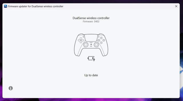 PS5 Firmware Updater app with Up to date indicated underneath a DualSense controller logo.