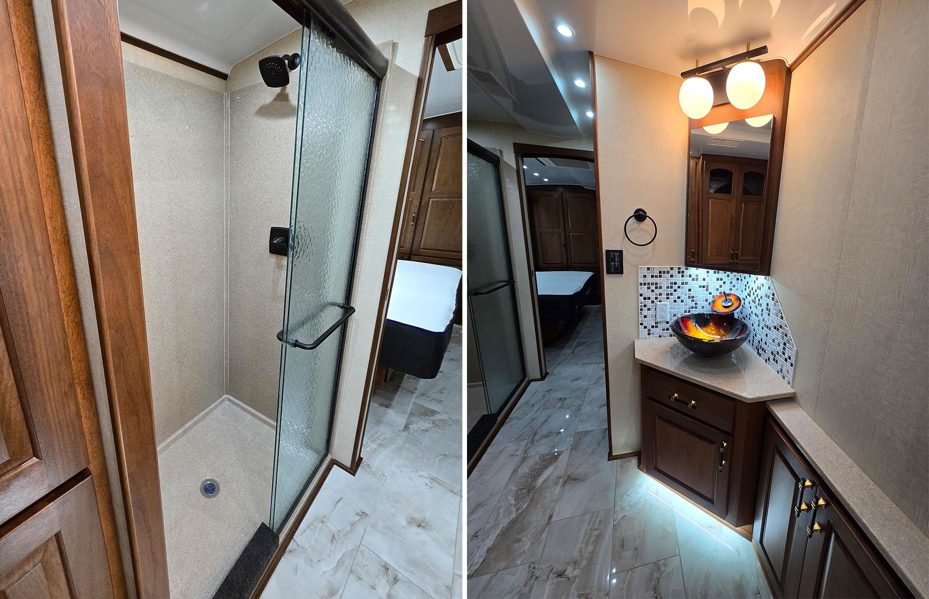 <p>According to SpaceCraft, they can do anything within the parameters of regulations, imagination, budget, and physics, so there's a plethora of bathroom design options – you could even design your very own mobile spa. This layout includes a spacious shower and decorative hand basin with another distinctive mosaic backsplash.</p>
