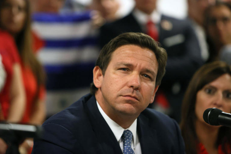 Ron DeSantis takes part in a roundtable discussion about the uprising in Cuba at the American Museum of the Cuba Diaspora on July 13, 2021 in Miami.