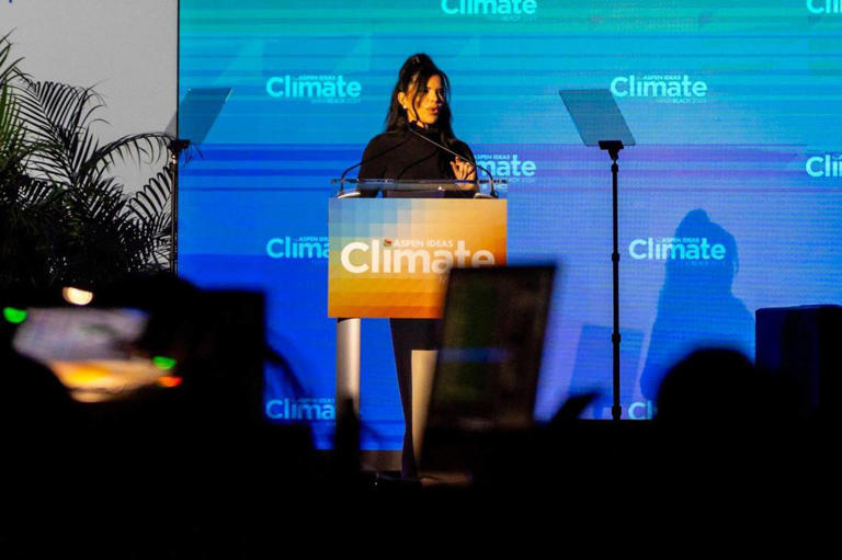 Lauren Sanchez speaks to the audience during the Aspen Climate Conference at Miami Beach Convention Center in Miami Beach, Florida, on Tuesday, March 12, 2024.