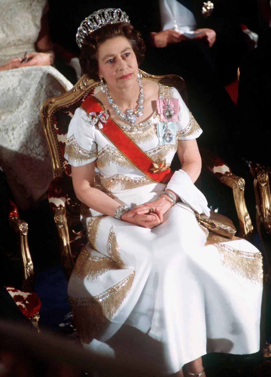 <p>                     While on a state visit to Germany in 1978, Queen Elizabeth II wore the stunning Grand Duchess Vladimir of Russia tiara together with a diamond and pearl necklace. This tiara was originally bought by Queen Mary in 1921 for the price of £28,000.                   </p>