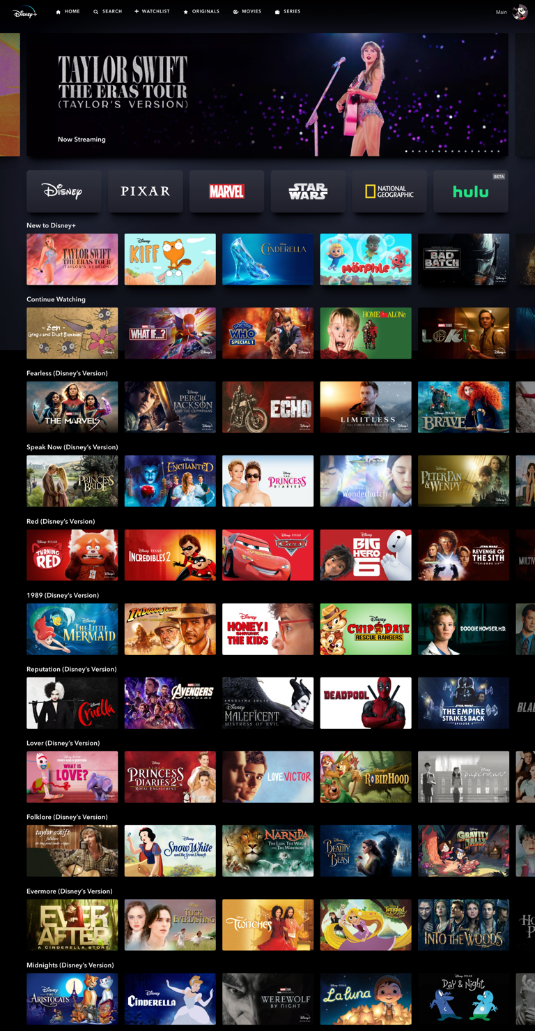 Disney+ customized the home page to celebrate the launch of "The Eras Tour" movie.