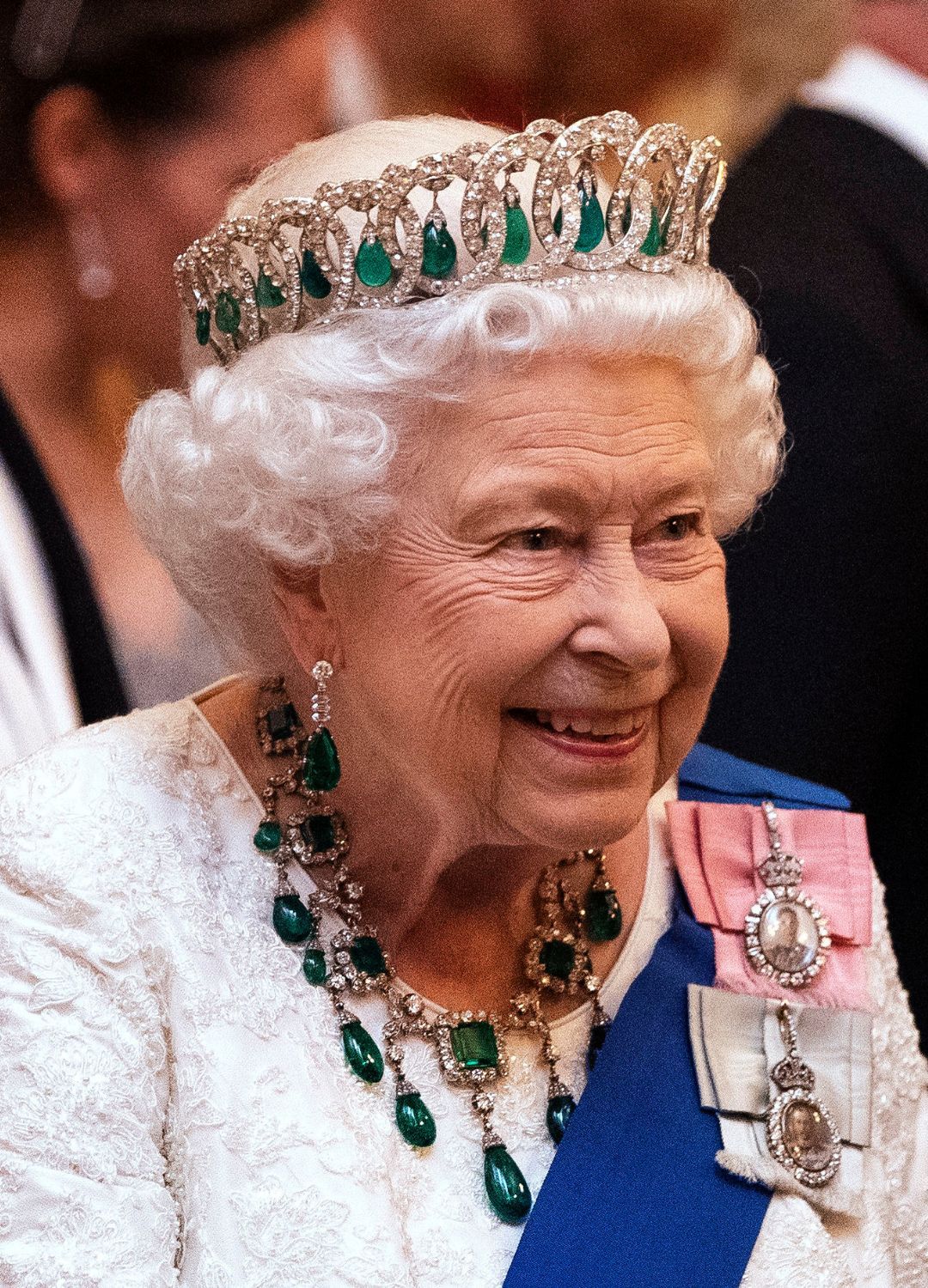 <p>                     Along with other members of the royal family, the late Queen attended a reception for the Diplomatic Corps at Buckingham Palace in 2019. She wore the Grand Duchess Vladimir Tiara with the emerald jewels instead of the drop pearls, an alteration that looked elegant alongside her matching emerald necklace and earrings.                   </p>