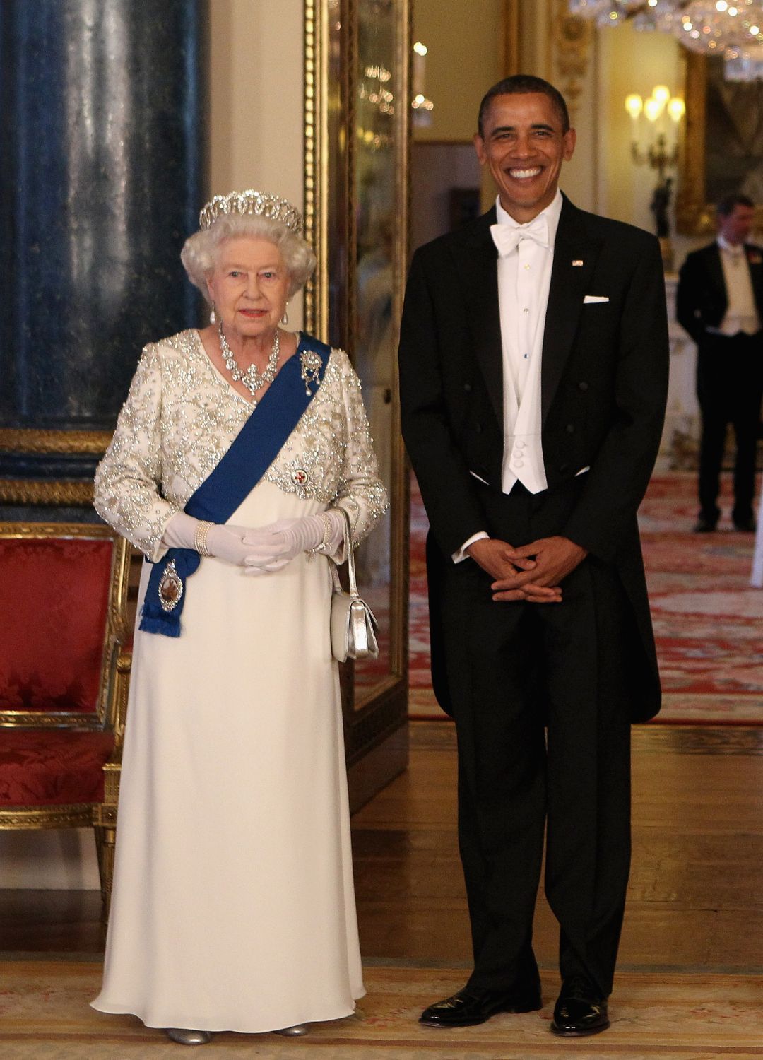 <p>                     In her long and impressive reign, Queen Elizabeth II met several American presidents, from President Harry Truman to President Joe Biden. She's pictured here meeting the 44th President of the United States, Barack Obama, whom she invited to a State Banquet in 2011 in Buckingham Palace. The Queen wore her finest jewels for the engagement, a mixture of pearls and diamonds along with the Grand Duchess Vladimir tiara.                   </p>
