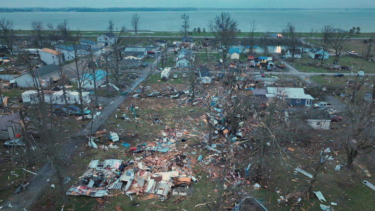 Mar 14, 2024, Ohio --- Damage from tornadoes is revealed in the morning light after tornadoes ripped through the Indian Lake area of Logan County, Ohio late Thursday, March 14, 2024. This photo taken Friday, March 15, 2024 about 8 AM.