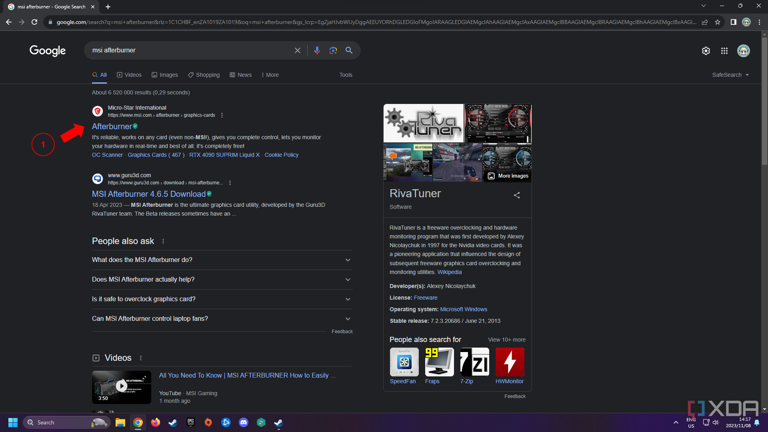 Google search results for MSI Afterburner