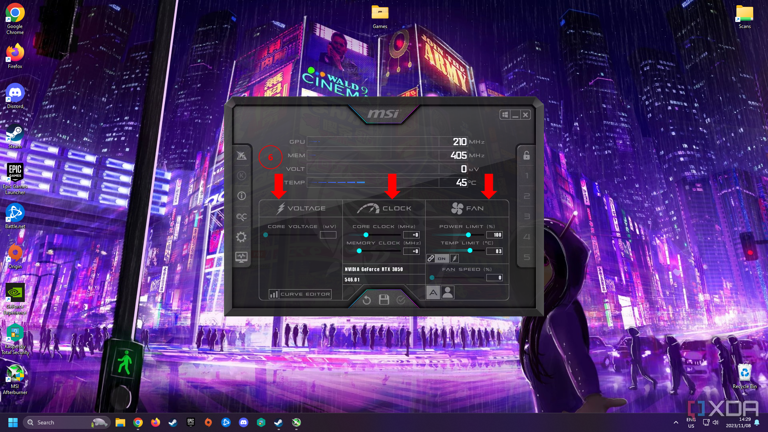 MSI Afterburner application with arrows pointing to the voltage, fan, and clock settings