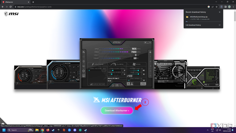 The MSI Afterburner website with a button to download Afterburner