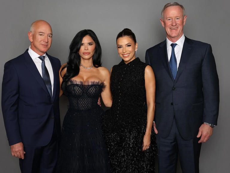 From left, Amazon founder Jeff Bezos, his fiancée Lauren Sánchez, actor and entrepreneur Eva Longoria and retired Navy Adm. Bill McRaven. (Instagram Photo via @laurenwsanchez )