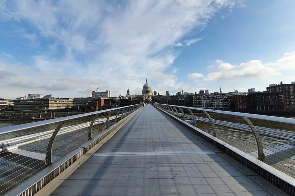 <p>The Millennium Bridge in London is recognizable from its dramatic collapse in “Harry Potter and the Half-Blood Prince.” This pedestrian bridge offers stunning views of the River Thames and is a must-visit for Harry Potter fans touring London’s landmarks.</p>