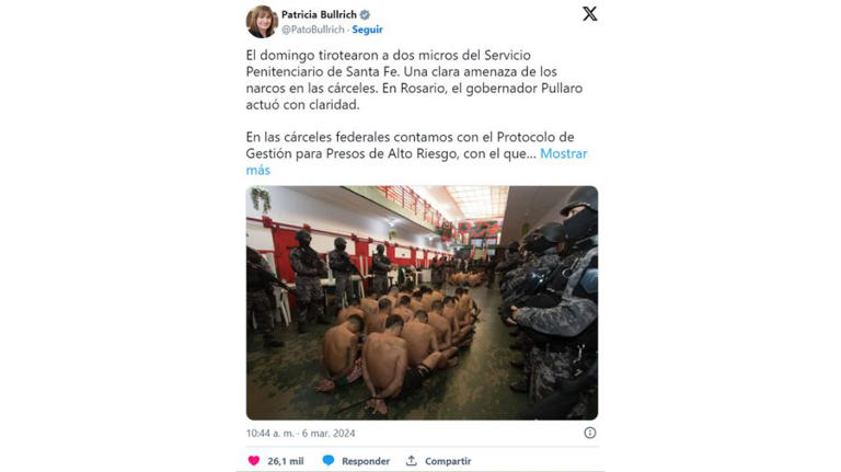 Tuit de la ministra de Seguridad de la Nación, Patricia Bullrich