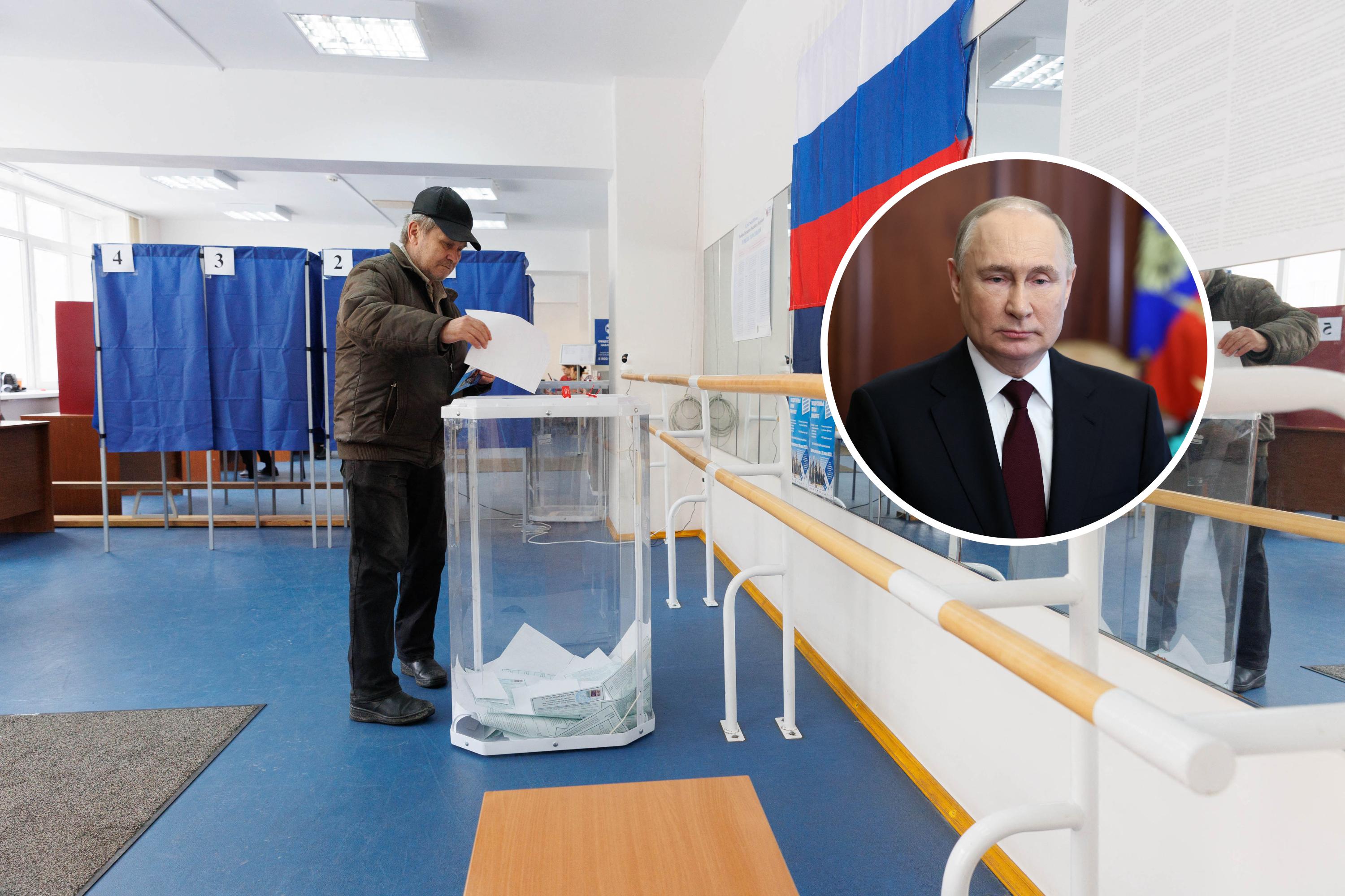 A Russian man voting and Vladimir Putin
