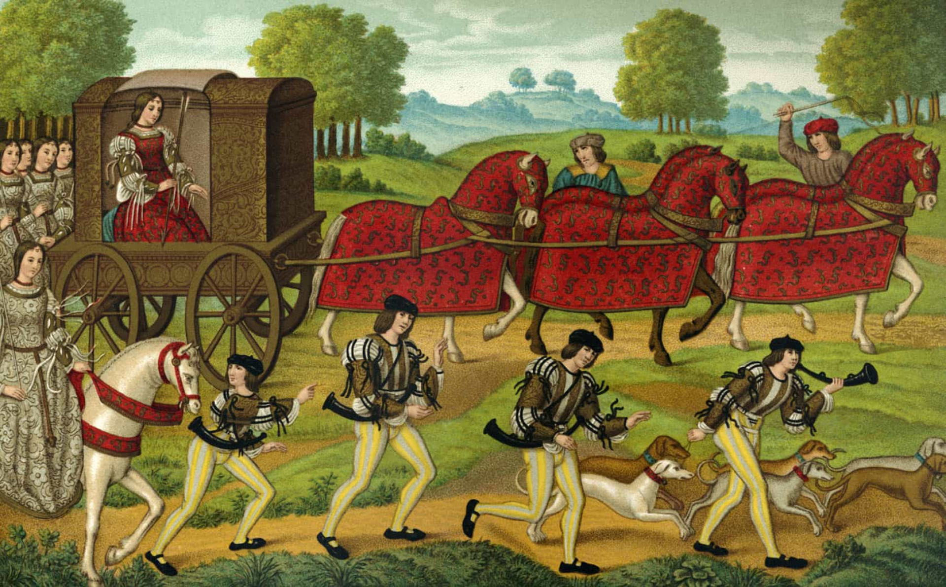 <p>For the nobility, carriages had other applications besides being used as a mode of transport. This illustration depicts a ladies' hunting party in the 14th century. Three horses draw a carriage accompanied by several pages and a group of hunting dogs.</p><p><a href="https://www.msn.com/en-us/community/channel/vid-7xx8mnucu55yw63we9va2gwr7uihbxwc68fxqp25x6tg4ftibpra?cvid=94631541bc0f4f89bfd59158d696ad7e">Follow us and access great exclusive content every day</a></p>