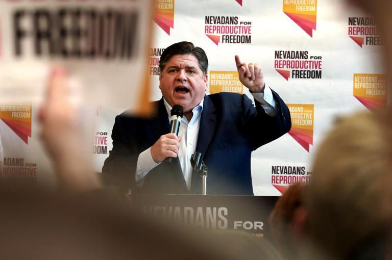 Illinois Governor and Think Big America founder JB Pritzker speaks during the Nevadans For Reproductive Freedom volunteer campaign kickoff rally at College of Southern Nevada in North Las Vegas on Saturday, Feb. 24, 2024.