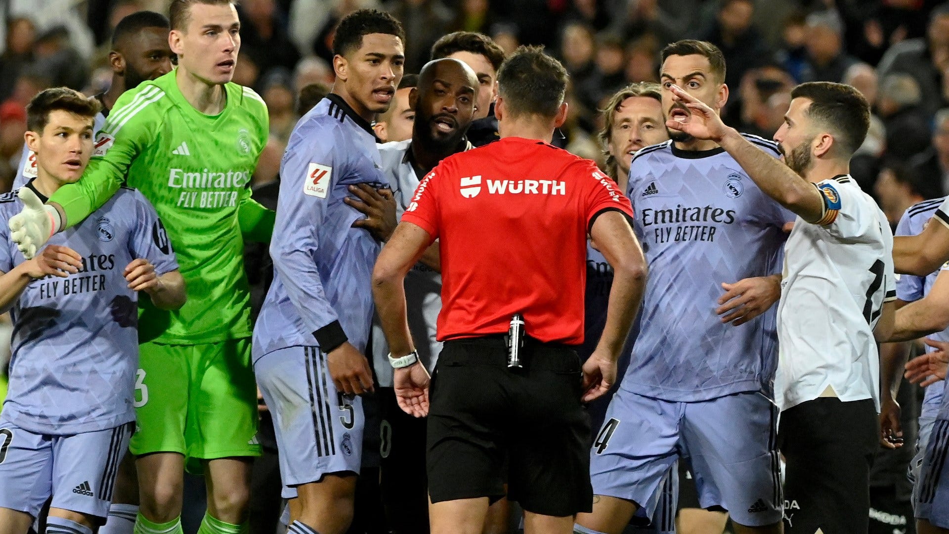 furious jude bellingham sent off for hounding referee after being denied last-minute winner by referee’s full-time whistle - with real madrid players and staff raging at decision