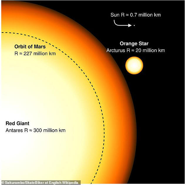 Είναι δύσκολο να προβλέψει κανείς πόσο θα διασταλεί ο Ήλιος, ωστόσο προβλέπεται αύξηση της κλίμακας των 300 εκ. χιλιομέτρων. Πηγή: Wikipedia