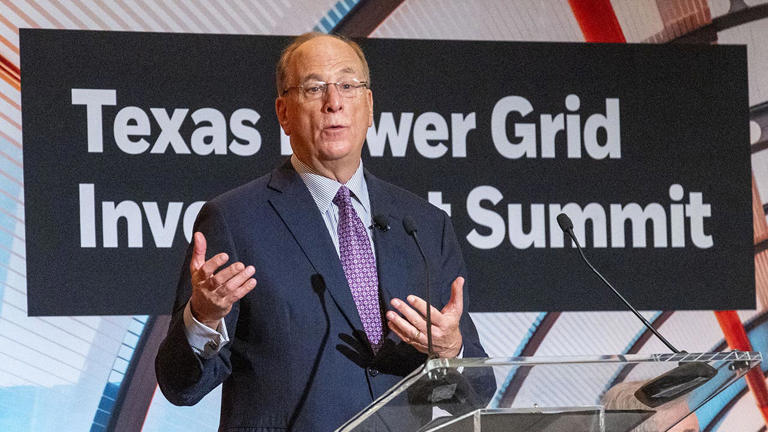 Larry Fink, chairman and CEO of BlackRock, makes a statement during the opening remarks of the Texas Power Grid Investment Summit on Feb. 6 in Houston. Kirk Sides/Houston Chronicle via Getty Images