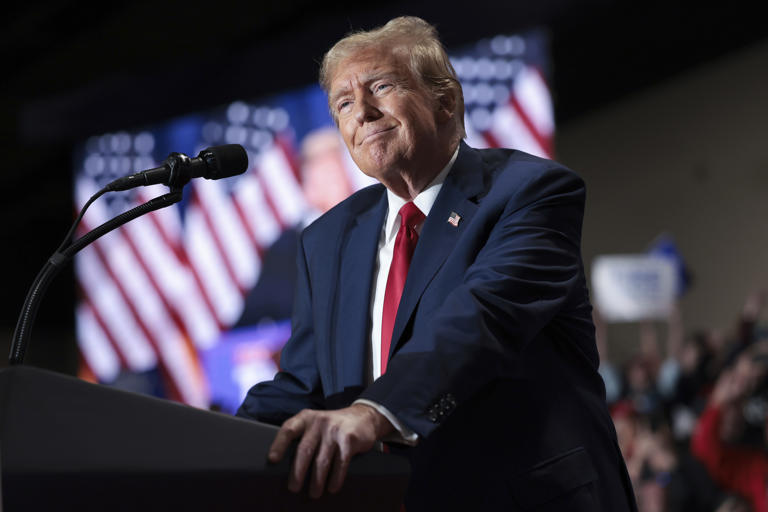 Donald Trump speaks during a Get Out the Vote Rally March 2, 2024 in Richmond, Virginia. Trump is facing election fraud charges in Atlanta, Georgia.