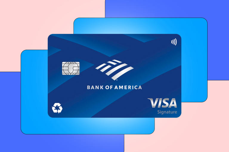 Photo of Bank of America® Travel Rewards credit card on a blue and pink abstract background