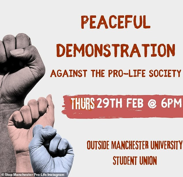 controversial pro-life society at university of manchester founded by a male president who 'opposes abortion' shares photo of its first official meeting after the event was met by thousands of protesters