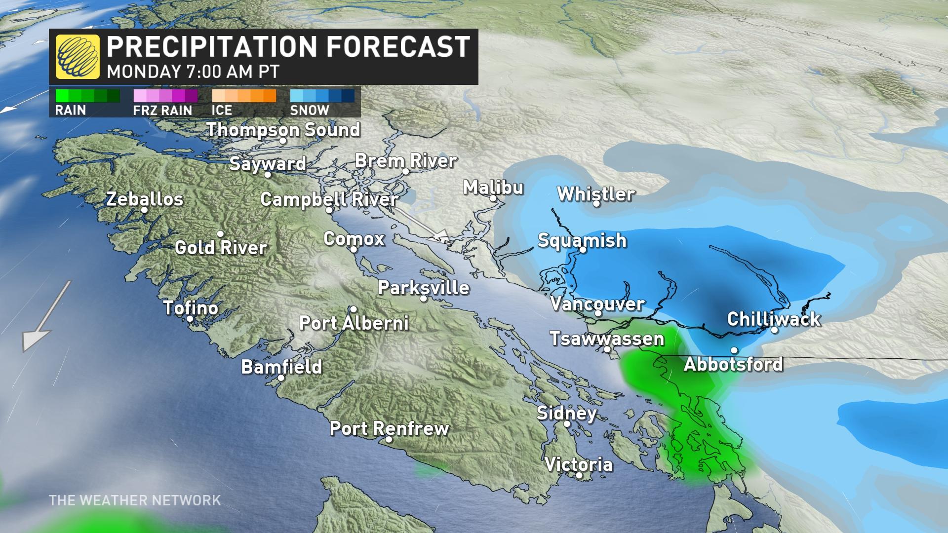 numerous chances of snow infiltrate the b.c. coast as low stays put