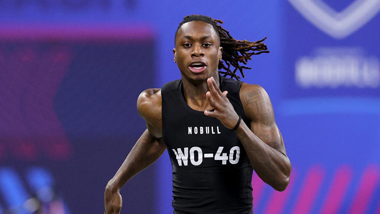 Xavier Worthy of Texas participates in the 40-yard dash during the NFL Combine at Lucas Oil Stadium on March 2, 2024, in Indianapolis. Stacy Revere/Getty Images