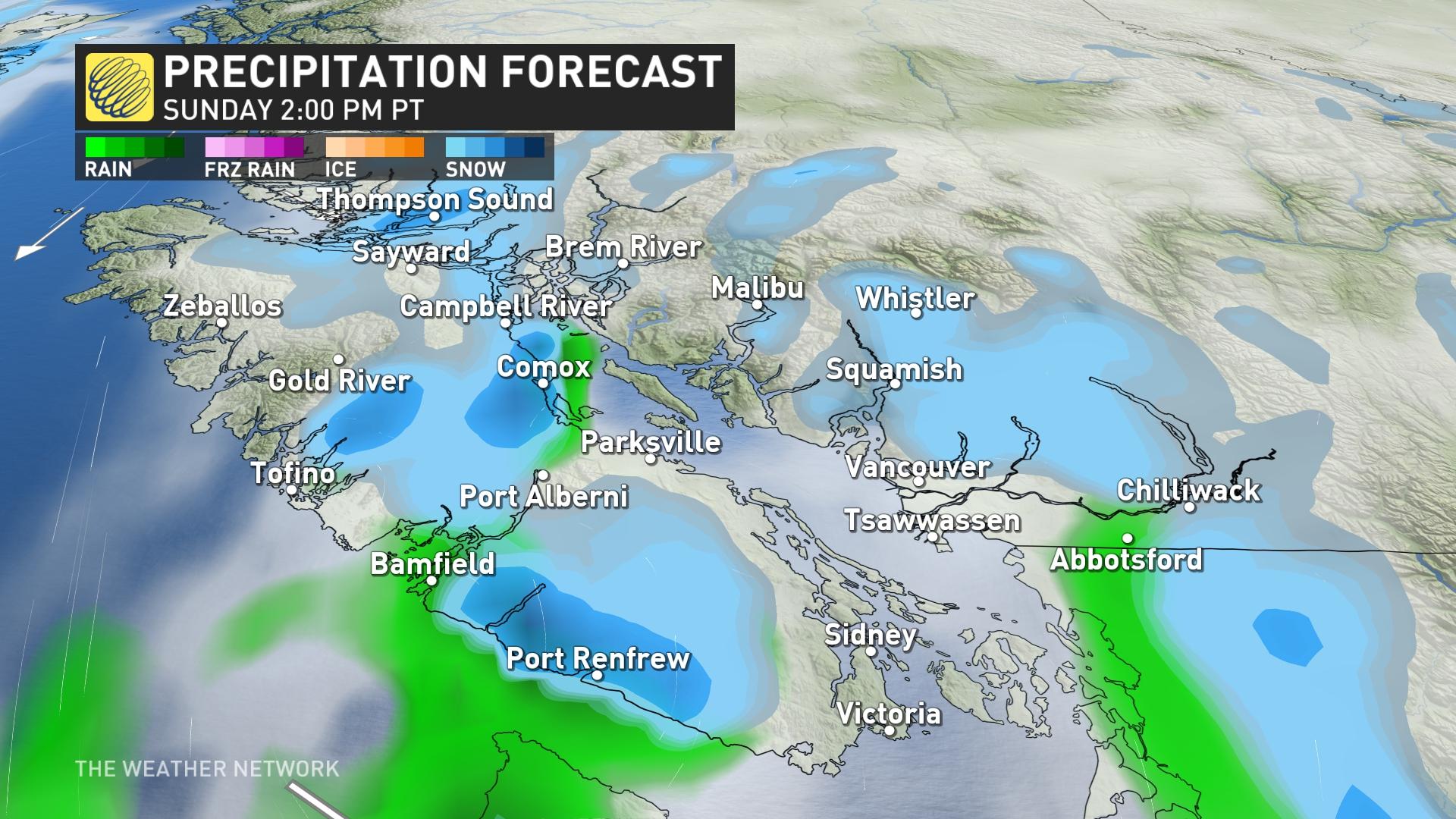 numerous chances of snow infiltrate the b.c. coast as low stays put