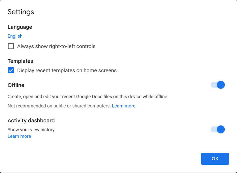 The Google productivity apps settings on the Google Docs website