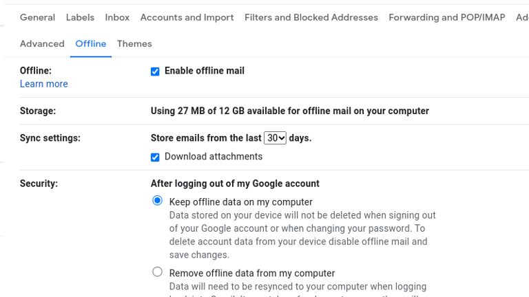 The offline settings section in Gmail