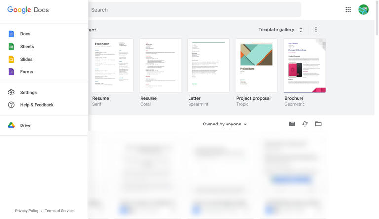 The Google Docs home page with the three bars menu opened