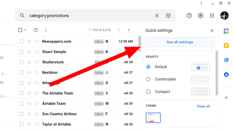 A red arrow pointing to the See all settings button in the Gmail settings menu