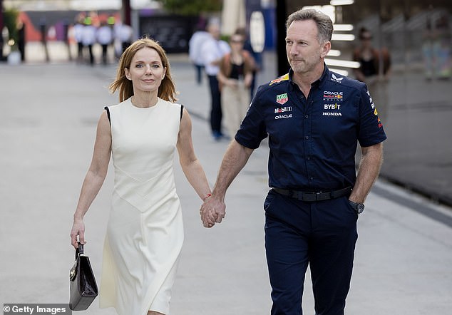 moment f1 boss christian horner places hand on waist of wife geri halliwell after bahrain reunion as storm continues over 'leaked texts'
