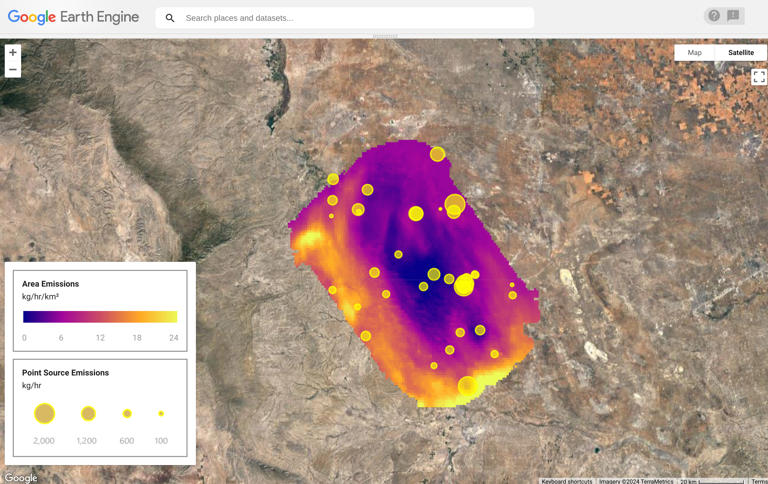The Environmental Defense Fund's data shows high-emitting point sources as yellow dots and diffuse area sources as a purple-and-yellow heat map. MethaneSAT will collect this data with the same technology, at a global scale and with more frequency.