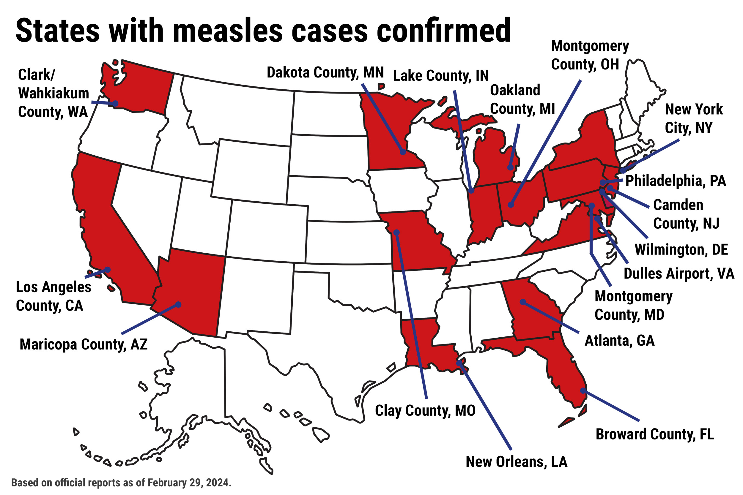 measles outbreak map shows 17 states with reported cases