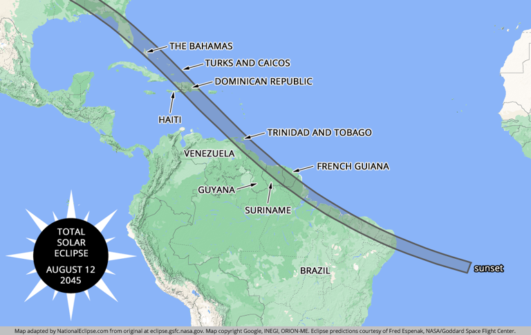 A total solar eclipse will cross the entire U.S., including almost all of Florida, on Aug. 12, 2045. NationalEclipse.com