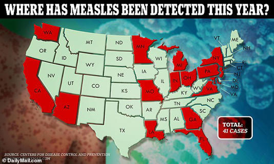 The above map shows the states that have detected measles cases so far this year